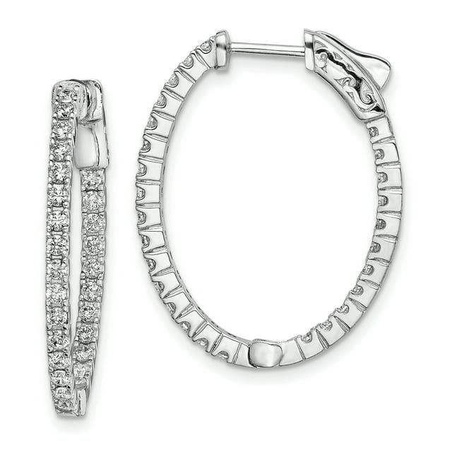 925 Sterling Silver 1.7mm Cubic Zirconia Cz Oval Hinged Hoop Earrings In/out