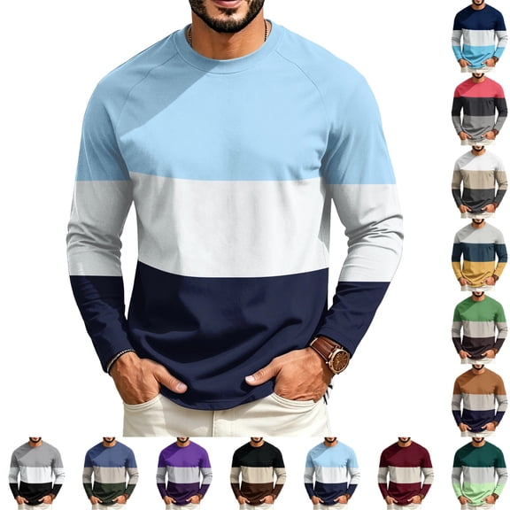 GrmtClth Golf Shirts For Men Horizontal Three Color Block Striped Crewneck Long Sleeve Shirts Relaxed Fit Lightweight Autumn Outdoor Running Tops Light Blue S