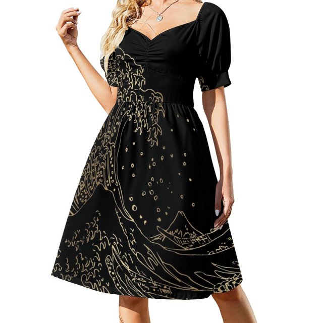 Vestido de manga corta dorado Great Wave Ropa femenina suelta Vestido de mujer Vestido elegante de moda para mujer