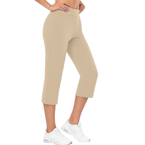 Sevevn Women's High Waist Capri Pants Straight Leg Cropped Pants with Pockets for Everyday Wear Beige 2XL