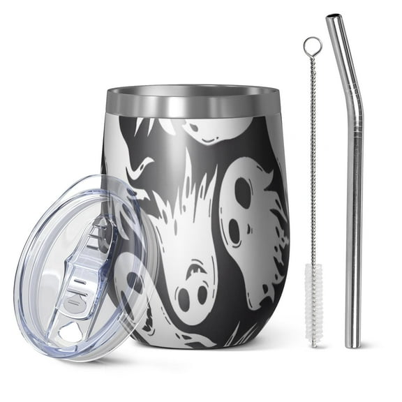 12oz Stemless Wine Tumblers Black Halloween White Ghosts Vacuum Insulated Stainless Steel Travel Tumbler Cups Mug with Lid and Straw for Champaign,Cocktail,Beer with Cleaning Brush