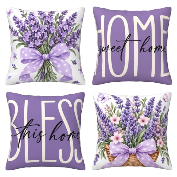 4 Pack Throw Pillow Covers 18x18 Inch, Lavender Floral Home Decorative Pillow Cases, Soft Short Plush Square Cushion Covers for Couch Sofa, Living Room Bedroom Purple Farmhouse Home Decor
