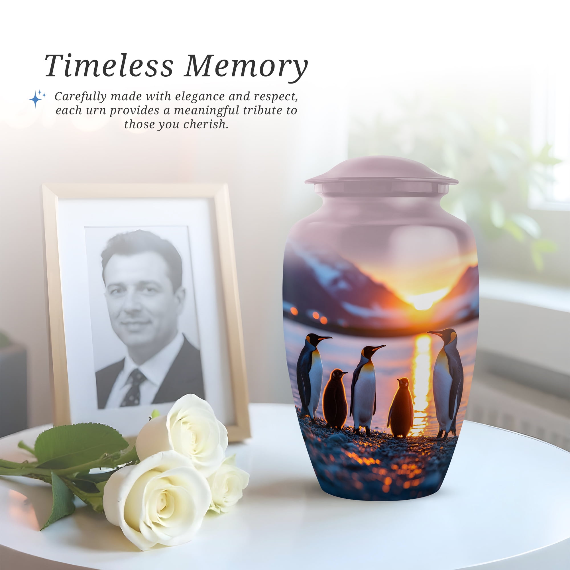 Penguins Funeral Urn For Human Ashes Adult Female, 1 Large & 4 Keepsake Small Cremation Urns For Human Ashes, Blue Urns For Adult Man And Women, Mini Urn For Mother And Father, 10&3 Inch