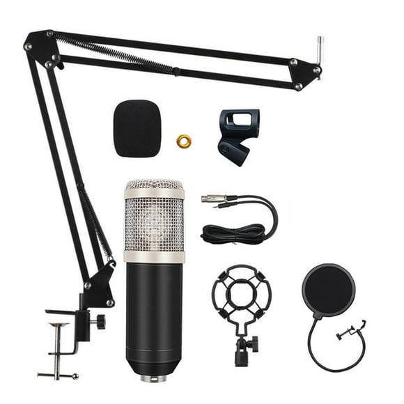 Studio Recording Condenser Microphone Kit with Shock Mount + Flexible Scissor Arm Stand + Pop Filter + Windscreen + Connection Cable for Network Broadcasting Online Singing