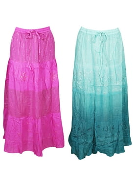 Mogul Women's Pink Blue Cotton Flared Long Maxi Skirts