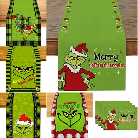 

Linen Grinch Table Runner Merry Grinchmas Tablecloth Winter Xmas Christmas Decorations and Supplies for Home Kitchen Table