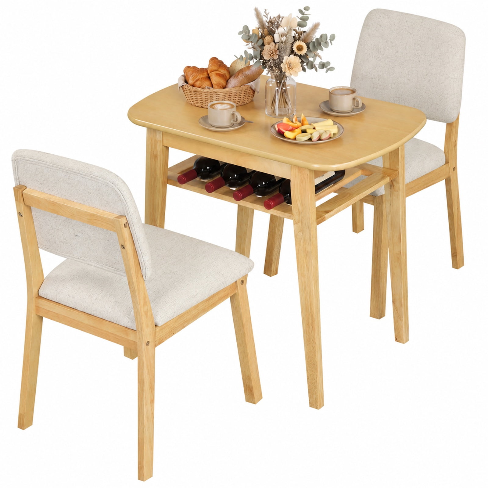 Furnibear 3 Piece Small Dining Table Set for 2 with Upholstered Chairs and Built in Storage Rack for Kitchen Breakfast Nook and Apartment, Natural