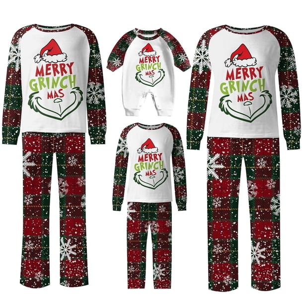 Conjuntos de pijamas navideños familiares a juego Grinch 2024, pijama de Grinch con parte superior y pantalones de pijama a cuadros, pijama de Grinch para niños y adultos para la familia, Mujer L