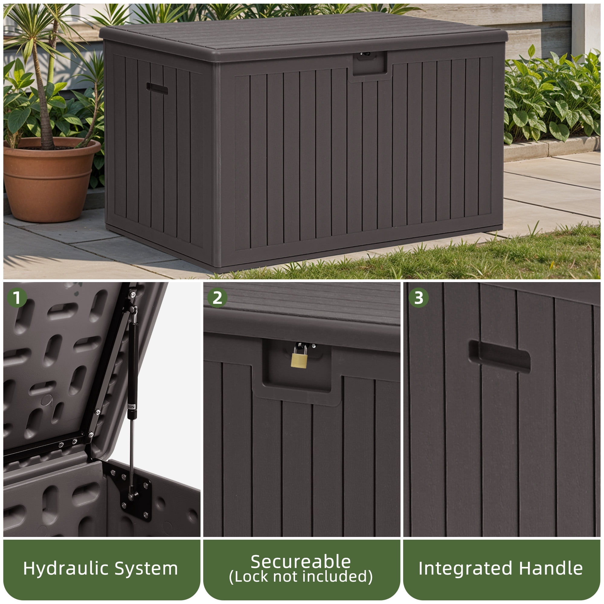 Uforic 180 Gallon Extra Large Outdoor Deck Box, Double-Wall Resin Storage Box with Flexible Divider, Lockable,‎Weatherproof,Brown