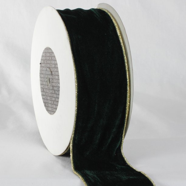 Hunter Green and Gold Colored Woven Edge Soft Velvet Ribbon 3" x 20