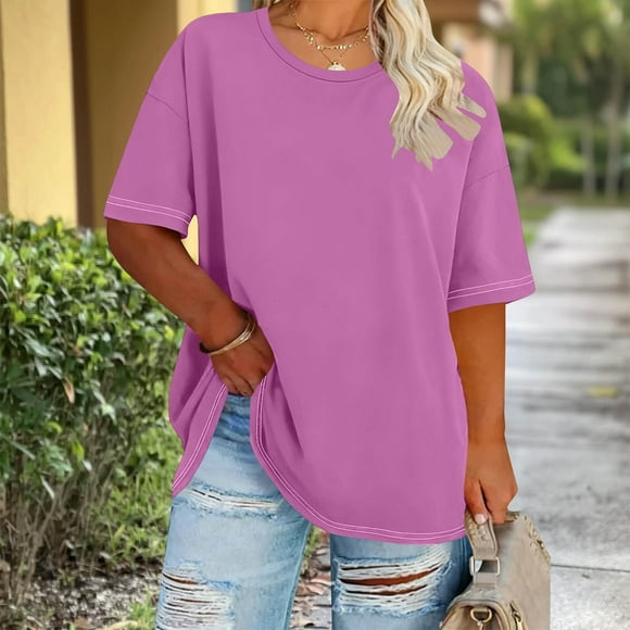 Tejiojio Women's Plus Size Round Neck Short Sleeve Solid Color T-Shirt for Spring Summer XL-5XL