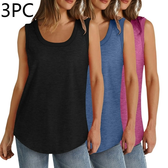 QUINDOS 3 Pack Tank Tops for Women Summer Plus Size Casual Camisoles for Women Plus Multi Pack Sleeveless Square Neck Strap Large Shirts Tops Long Loose Fit Solid Color Undershirts