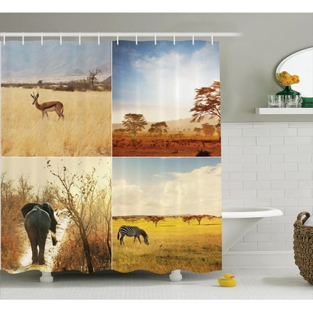 Savannah Bathroom Accessories Safari Decor African Safari Collages With Native Wild Savannah Animals In Exotic Lands Lonely Planet Photo, Bathroom Accessories, 69W X 84L Inches Extra Long, By Ambesonne ()