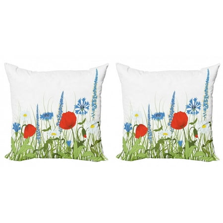 

Spring Throw Pillow Cushion Cover Pack of 2 Bloomed Poppy and Chamomile Among Wild Herbs and Grasses Zippered Double-Side Digital Print 4 Sizes Apple Green Azure Blue by Ambesonne