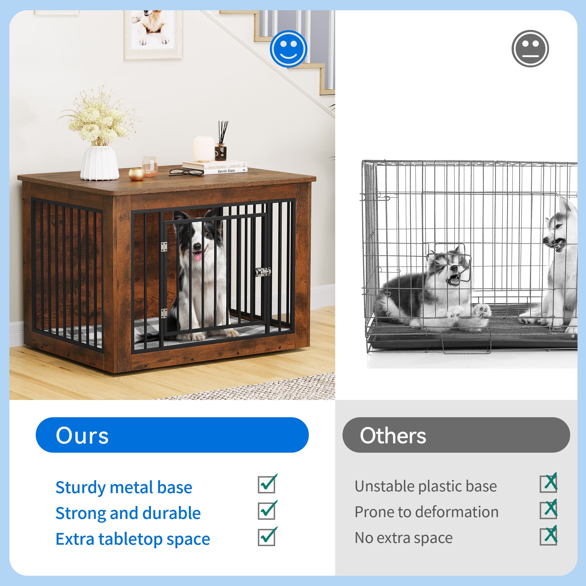 Dextrus Large Dog Crate Furniture, 2-in-1 Wooden Indoor Dogs Kennel Furniture with Waterproof Top&Safety Corners -38.2"L x 24.0"W x 26.8"H,Rustic Brown