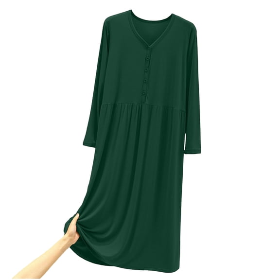 MGDXOX Nightgowns for Women Long Sleeve House Dress Soft Pleated Dresses V Neck Button Down Lightweight Sleepwear Green Free Size