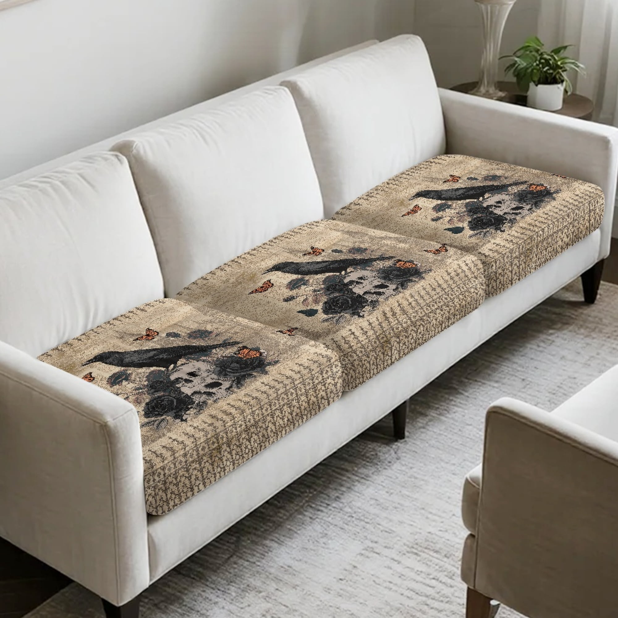 TSOVTHRID Crow Rose Skull Vintage Print Sofa Cushion Cover, Couch Covers Sofa Seat Covers with Elastic Bottom Washable Couch Seat Covers for Cushion Couches Furniture Slipcovers, 24x24 Inch