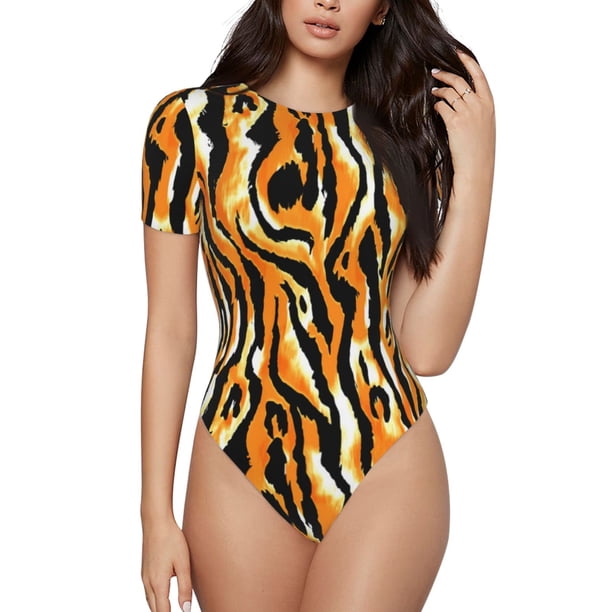 Balery Zebra Body de cuello redondo de manga corta para mujer Tops de manga corta Tops básicos-Large