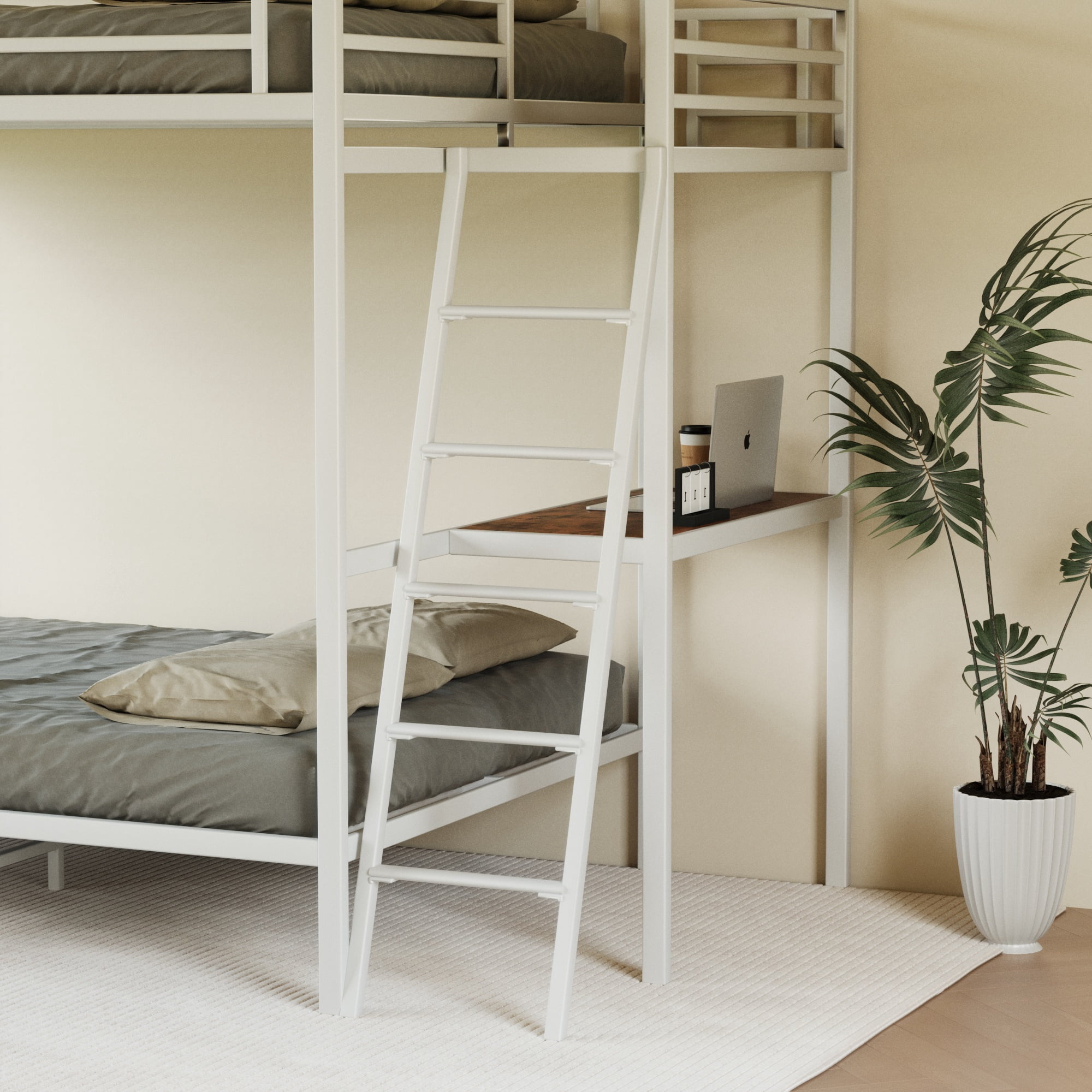 Leumius Full over Full Bunk Bed with Desk,Metal Bed Frame with Full Length Guardrails and Ladders, White