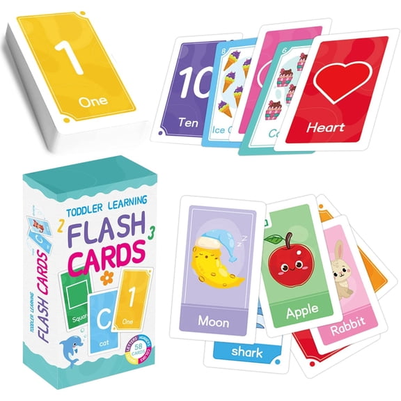 MUCHENGGIFT Alphabet Flash Cards & ABC Cards- 56 Colorful Flashcards with Letters, Words, Shapes, and Number Recognition