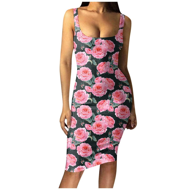 BEEYASO Clearance Summer Dresses for Women Mid-Length Loose Floral  Sleeveless Sheath Round Neckline Dress Hot Pink L 