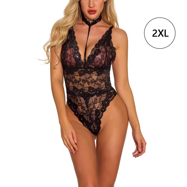 Lencería sexy de encaje de malla para mujer Ropa interior en V profunda Body Ropa de dormir, Negro, XXL Methold XX000104-13