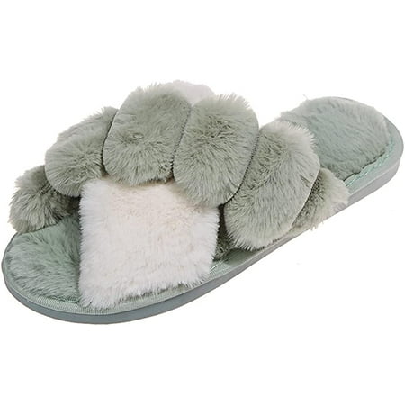 

DanceeMangoo Women s Open Toe Cross Band Slippers Soft Plush Furry Cozy House Shoes Indoor Outdoor Faux Fur Warm Comfy Slip On Slippers