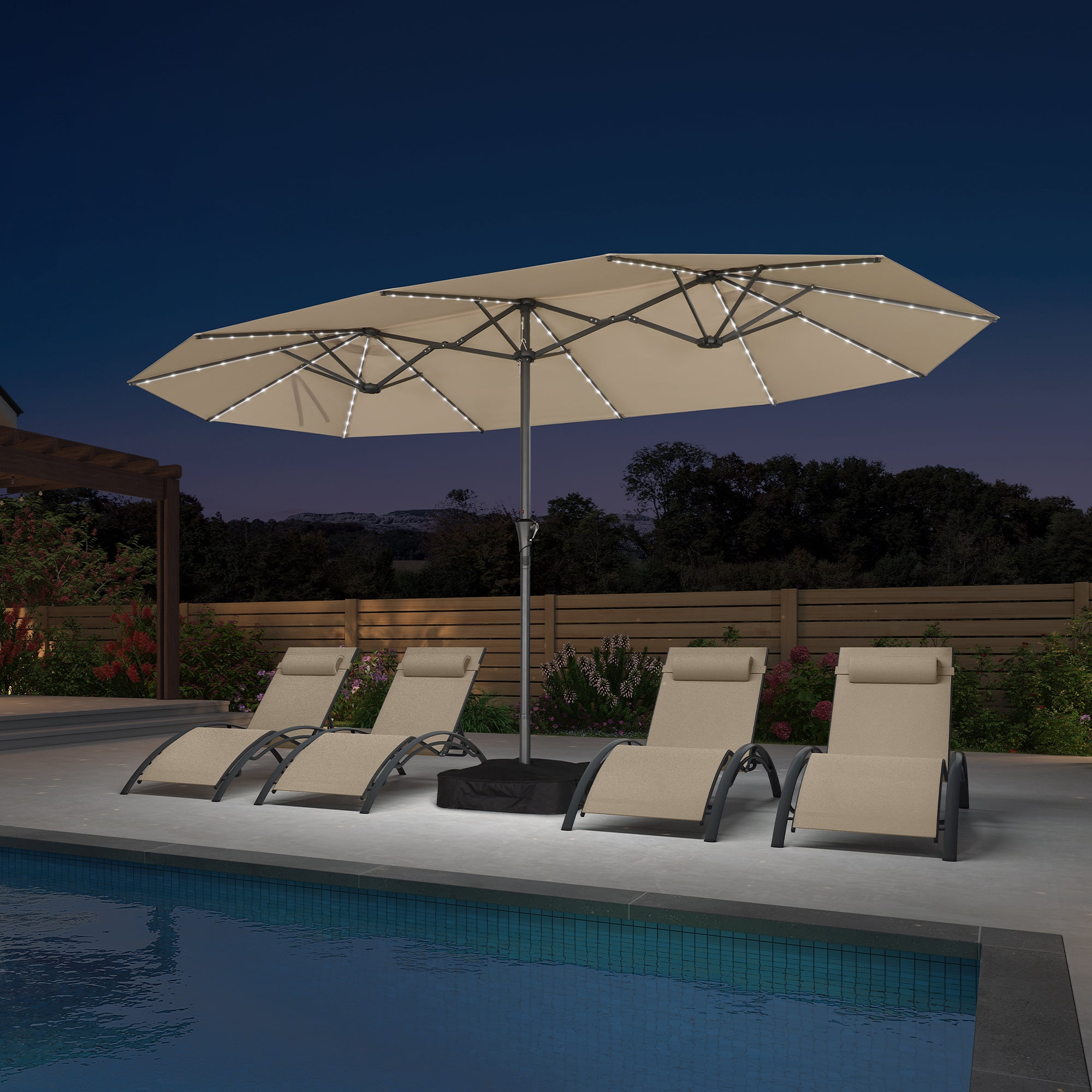 PURPLE LEAF 14ft Patio Umbrella with Solar Lights Double-Sided Outdoor Umbrella with Base and Crank Rectangle Market Table Umbrella for Pool Deck Backyard Garden, Khaki