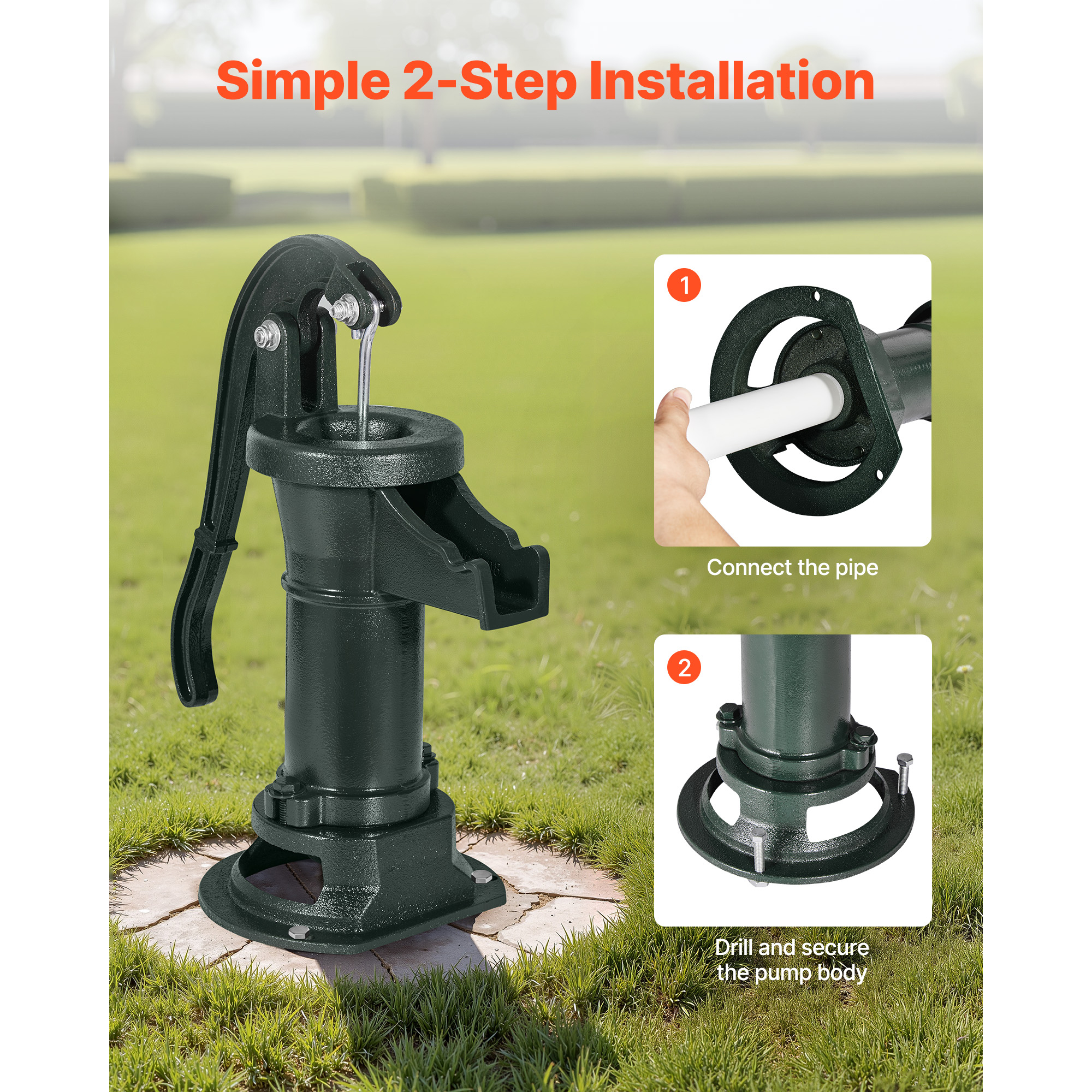 KFFKFF Antique Cast Iron Hand Well Pump, 25 ft Max Lift, Antique Pitcher Pump with 1-1/4 in NPT Connection, Manual Water Pump for  Gardens, Ponds, Backyards, and Farms, Green