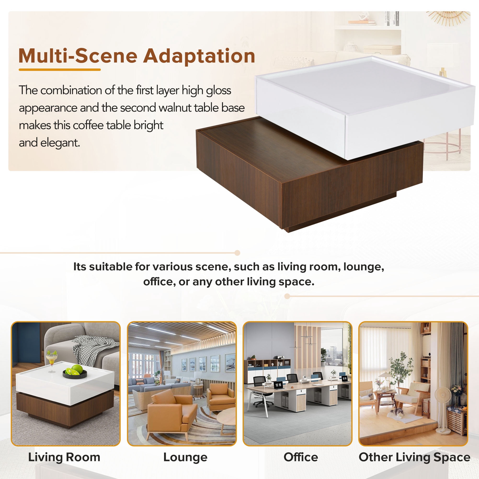 PORKISS 360 Rotating Coffee Table, Square Coffee Table with 2 Drawers, Modern Storage Coffee Table with Swivel Tabletop and Storage, High Gloss Walnut Table Frame Side Table for Living Room, White
