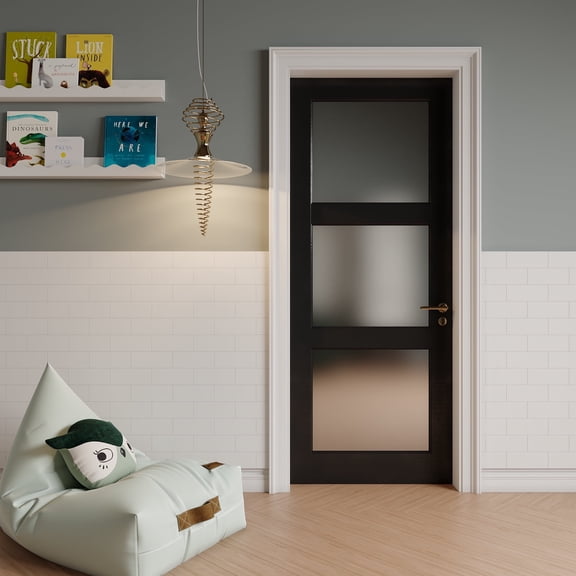 32" x 80" 3-Lite Glass French Interior Door, Pre-Assembled Solid Wood, Black Pre-Finished