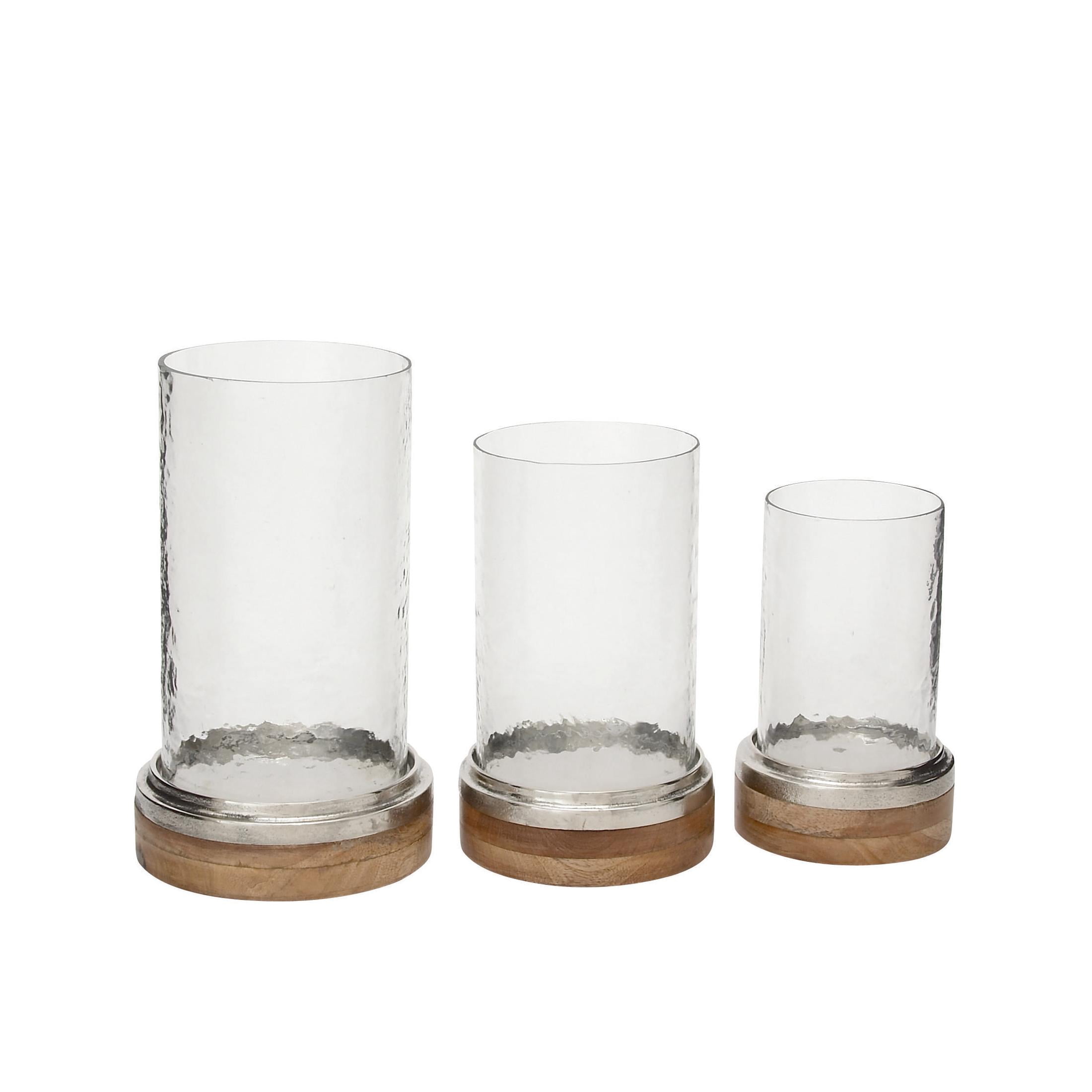 DecMode 3-Slot Brown Wood Pillar Hurricane Lamp with Glass Candle Holders, Set of 3