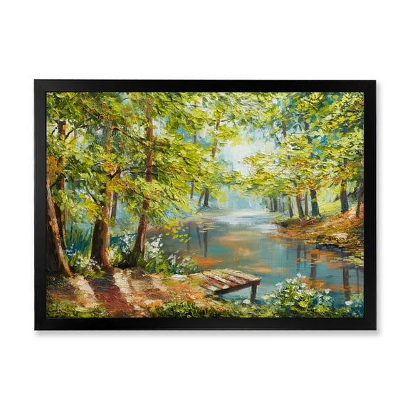 Meandering River With Autumn Forest 40 in x 30 in Framed Painting Canvas Art Print, by Designart