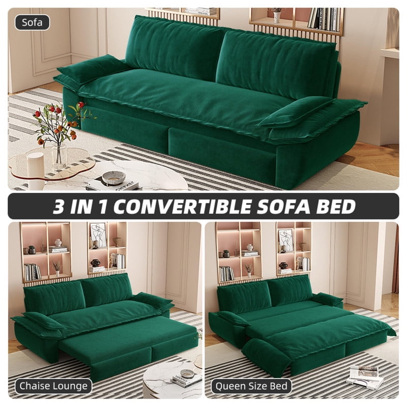 3-in-1 Velvet Convertible Sleeper Sofa, Queen Size Pull Out Chaise Sofa Bed, 73.2''W Deep Seat Loveseat Couch