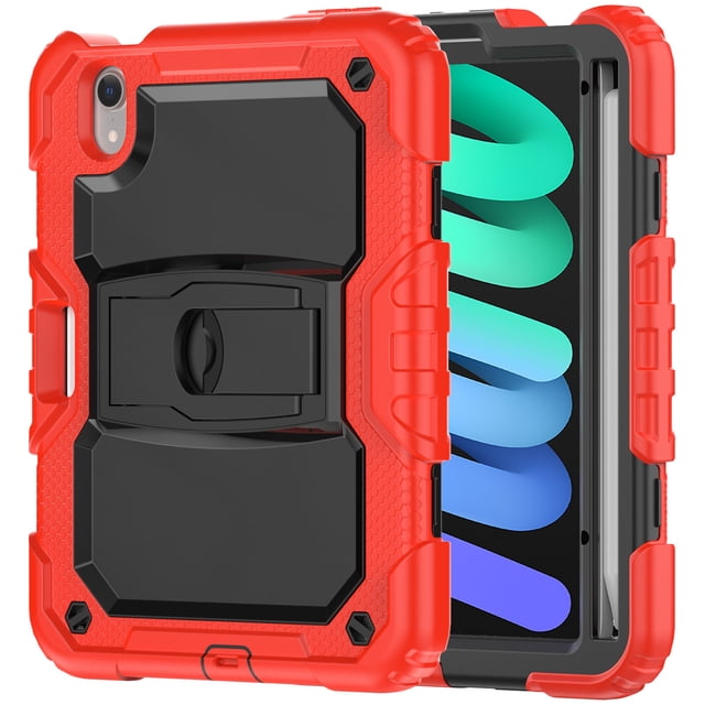 FJLBDE Case for iPad Mini 7 A17 Pro 2024/Mini 6 2021 8.3 Inch 7th/6th Gen, Rugged Shockproof Tablet Cases Cover with Kickstand Shoulder Strap, Red
