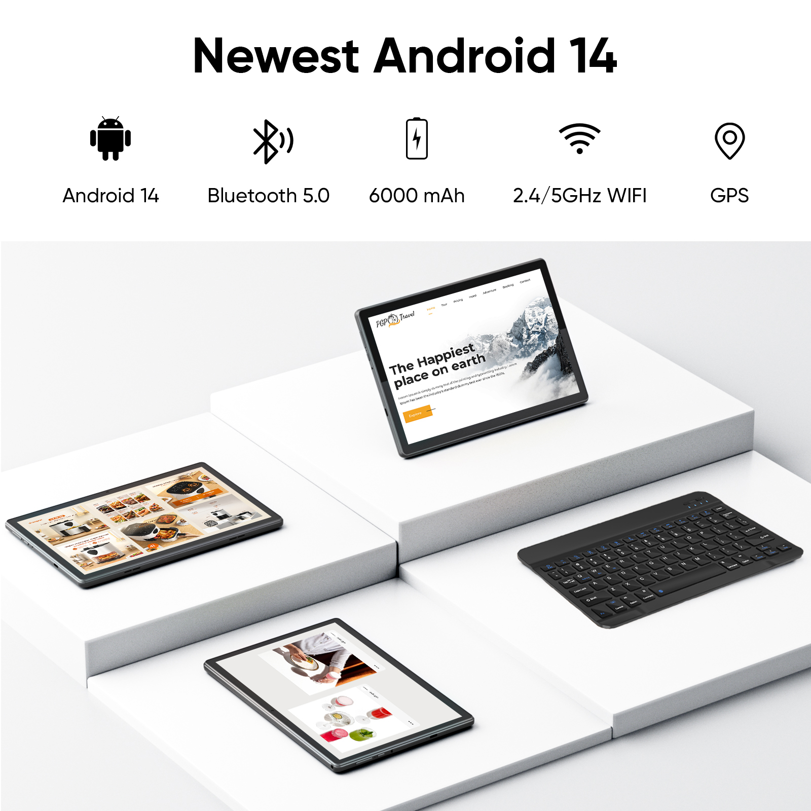 Tablet 10 inch Android 14 Tablets, 6GB RAM 64GB ROM 1TB Expand, Quad-Core Processor, 1280x800 LCD Touch Screen, WiFi 5, Dual Camera, BT5.0, 6000mAh Battery