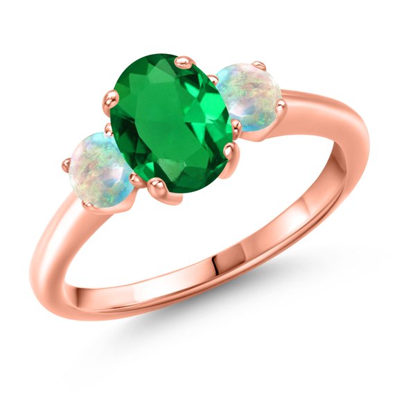 Gem Stone King 1.25 Ct Green Nano Emerald White Simulated Opal 18K Rose Gold Plated Silver Ring (Size 7)