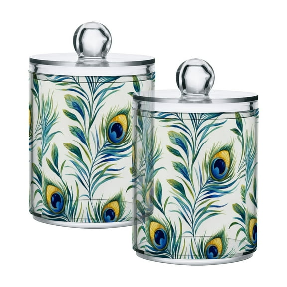 Yayeee 2 Pack Qtip Holder Bathroom Cotton Swab Canister with Lid Clear Dispenser Set, Peacock Feather
