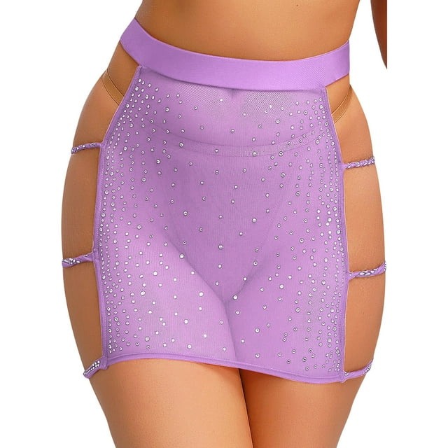 Xnihocha Womens See Through Mesh Mini Skirt With Shiny Rhinestones Bodycon Style For Clubbing And Party Lavender L