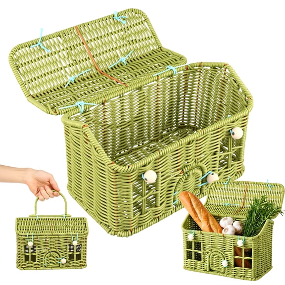 Small Rattan House Shaped Basket with Lid and Handle, Plastic Wicker Dollhouse Storage Organizer for Picnic, Easter, Farmhouse Home Decor