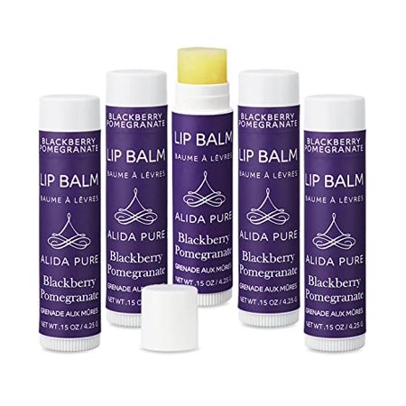 ALIDA PURE Blackberry Pomegranate Lip Balm, Vegan, Cruelty Free, Beeswax Free, Coconut Oil Free, Set of 5 Lip Balms, Organic Jojoba Oil, Avocado Oil, Candelilla Wax, and Vitamin E, Natural Lip Moistur