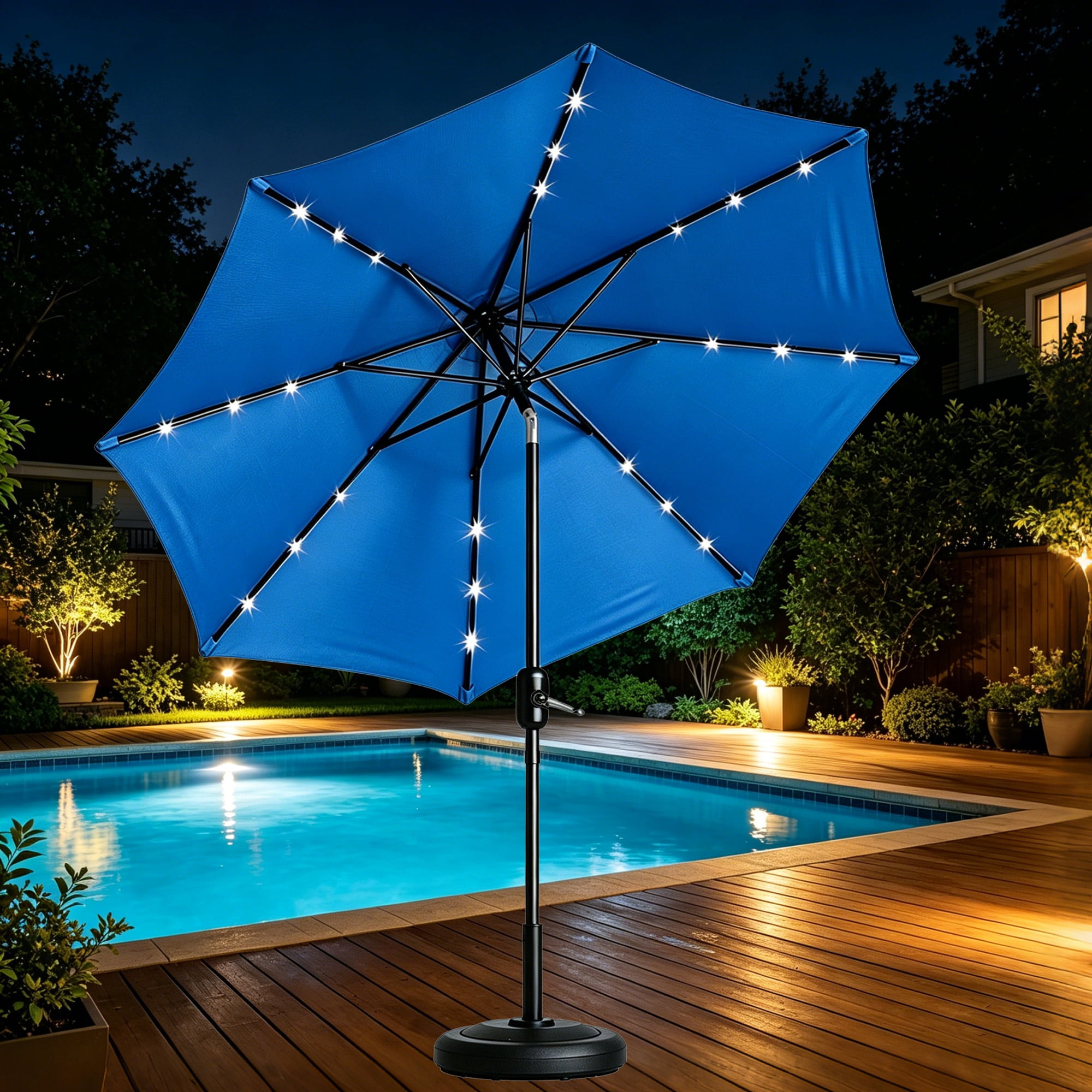 Kool Outdoor 9ft Solar LED Lighted Market Patio Umbrella with Crank and Tilt - Royal Blue