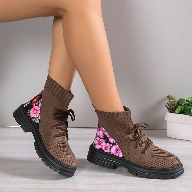 EGNMCR Bottes de Neige d'Hiver pour Femmes, Bottes d'Hiver pour Femmes, Bottines Élastiques Rétro pour Femmes, Mode Talon Plat Bout Rond Talon Plat Frenum Chaussures Tricotées Brodées pour Femmes