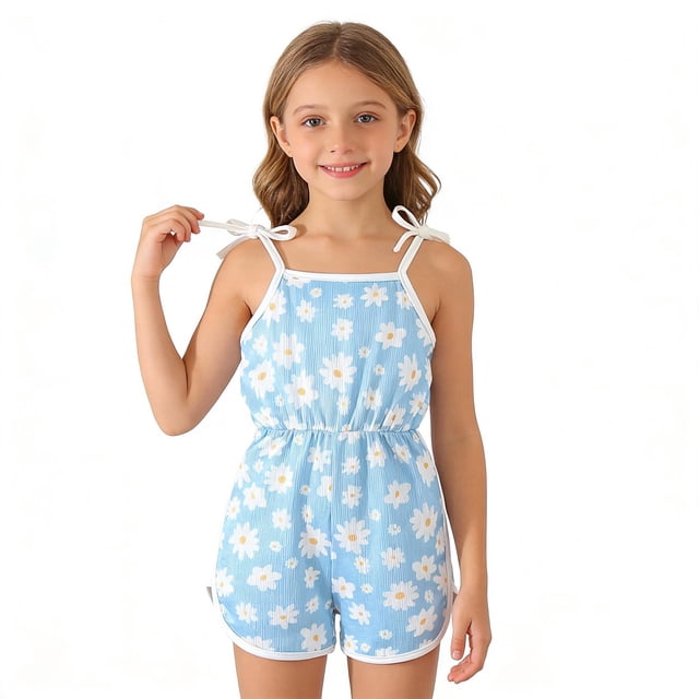Mono corto con cintura elástica y estampado floral de verano para niños, pantalones de poliéster para niños