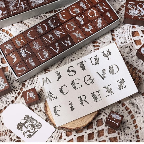 Juego de sellos de goma con el alfabeto de madera, 27 piezas, letras mayúsculas