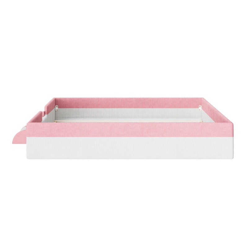 King Size Corduroy Upholstered Floor Bed Frame with Fence, Kids Low-Profile Platform Bed with 2-Tier Steps & Smart LED Lights