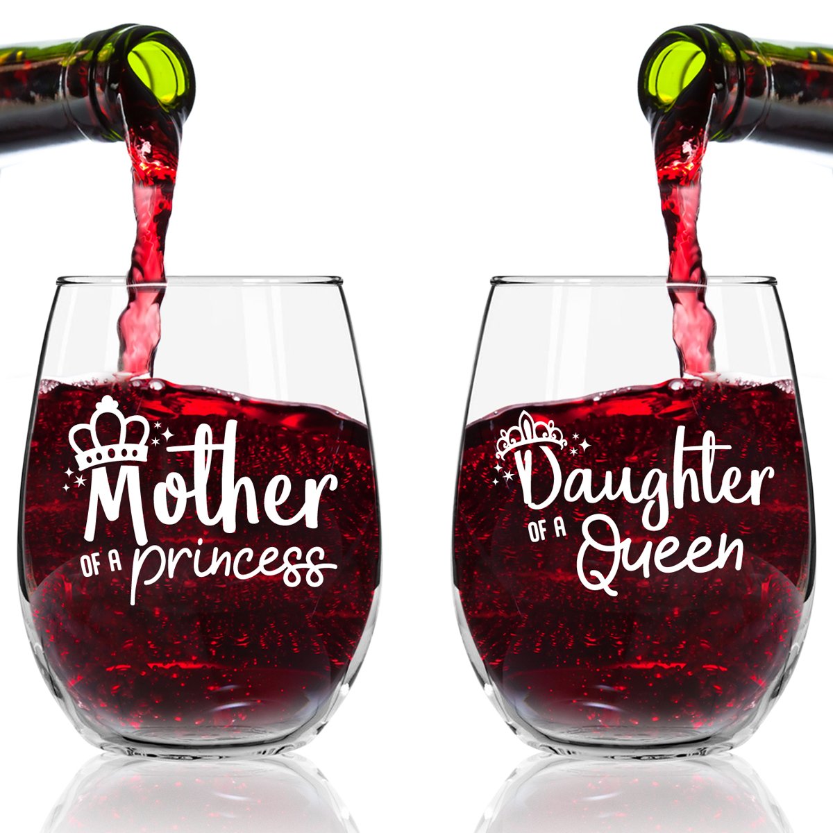 Mother of A Princess Daughter of A Queen Stemless Wine Glass Set of 2 (15 oz)- Wine Glasses for Cute Gift for Mom From Daughter- Mother Daughter Matching Gifts Idea- Mom Gift for Birthday