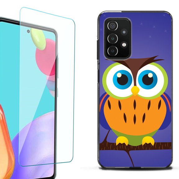 Slim-Fit Flexible TPU Gel Phone Case (black) for Samsung Galaxy A52 5G, with Tempered Glass Screen Protector, by OneToughShield ® - Night Owl