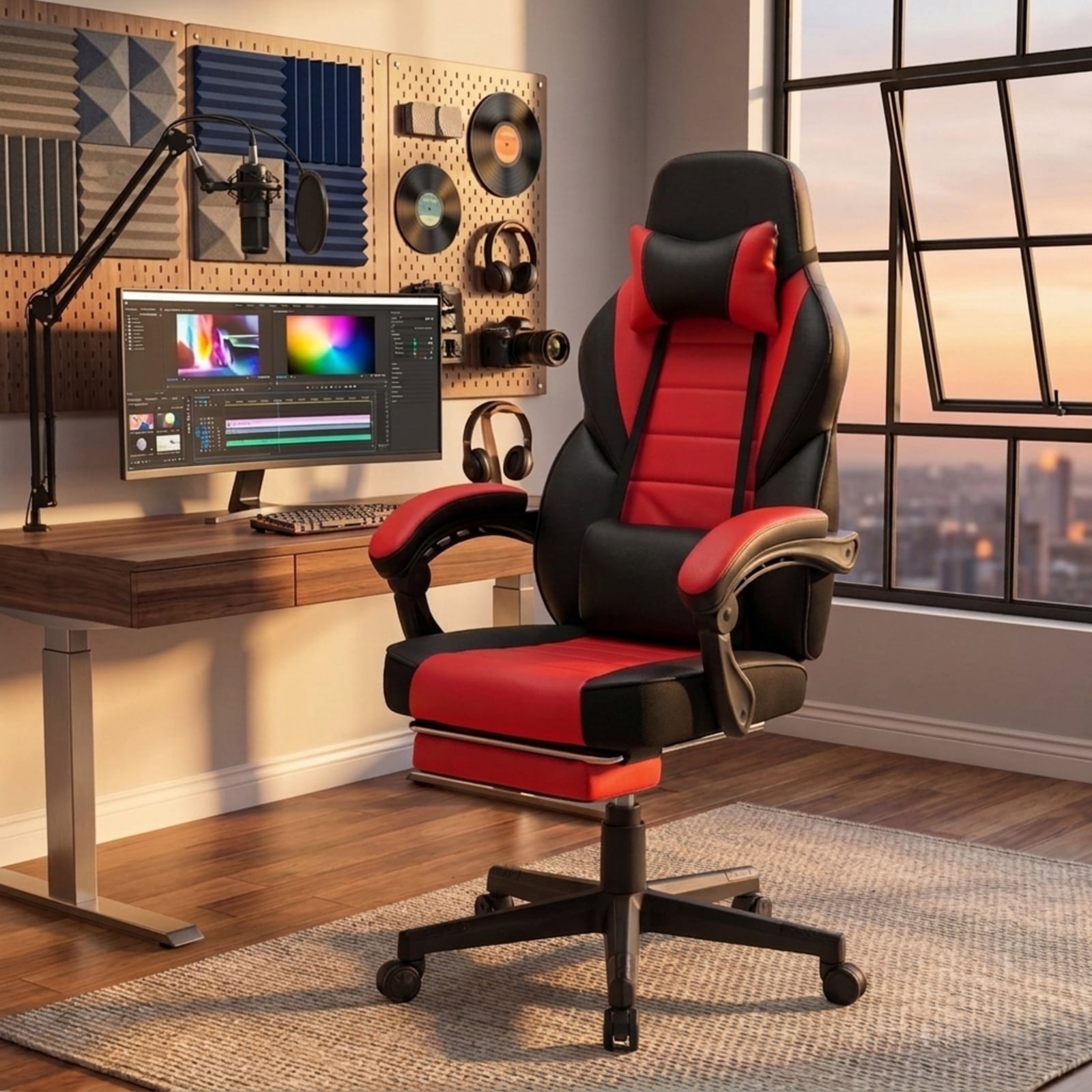 Furnibear Ergonomic Video Game Chair with Headrest Lumbar Support 155 Degree Recline Retractable Footrest and Swivel Metal Base for Home Office, Red