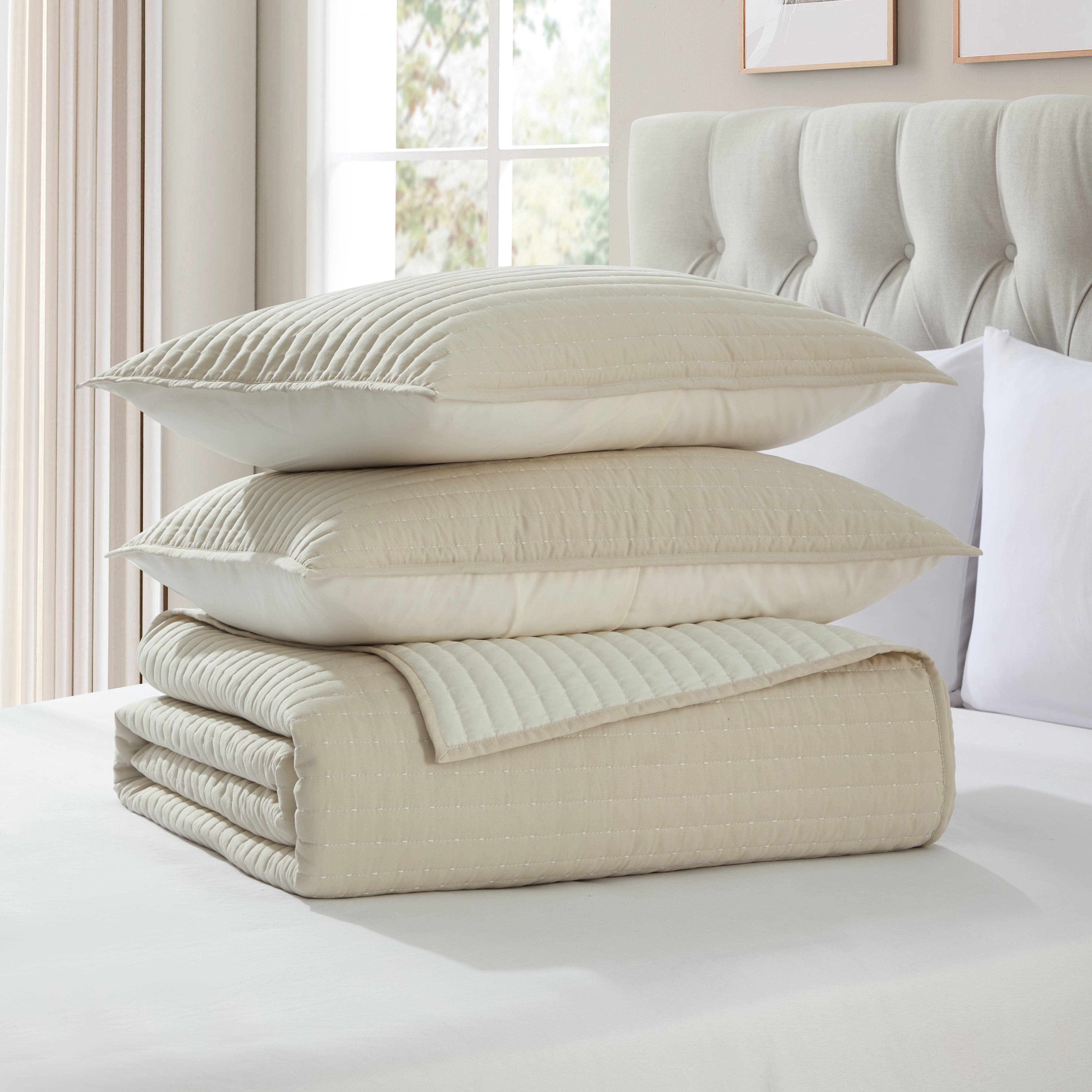 VCNY Home Embroidered 3-Piece Taupe Pick Stitch Microfiber Quilt Set, King